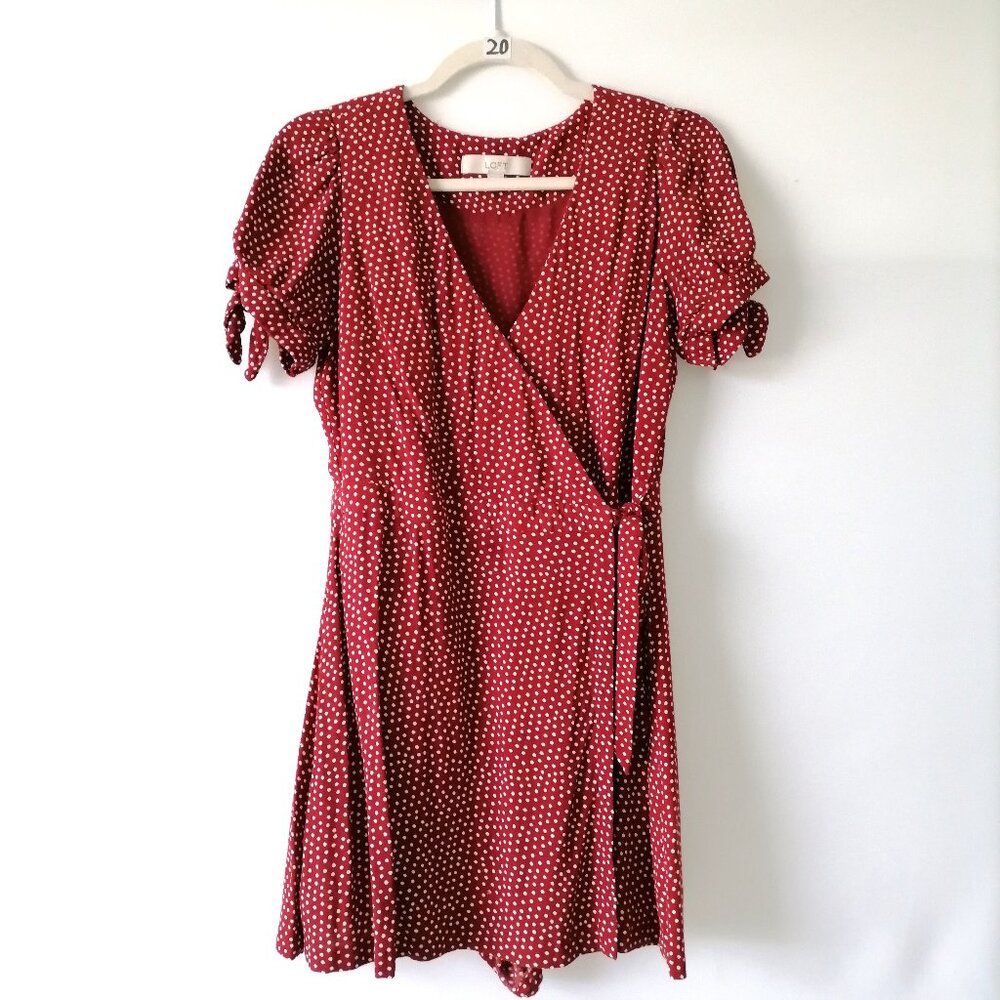 Loft Womens Maroon Red Wrap Surplice Neck Puff Sleeve Polka Dot Romper Size 0